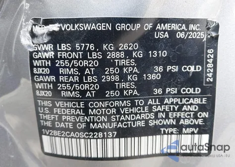 2025 Volkswagen Atlas Cross Sport 2.0T Sel from USA, damaged, VIN 1V2BE2CA0SC228137